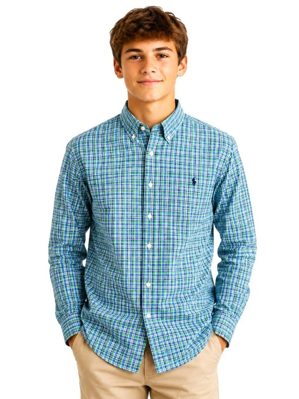 Ralph Lauren Blue Green Plaid Cotton Long Sleeve Shirt